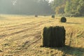 Misty day with sun rays and bales of hay in the park in the autumn. Royalty Free Stock Photo