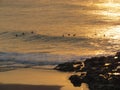 Early morning golden sea with surfers and beach. Royalty Free Stock Photo