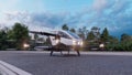 In the early morning, a high-tech air taxi departs for its destination. View of an unmanned aerial passenger vehicle. 3D