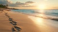 In the early morning hours, footprints are left along the beach. Royalty Free Stock Photo