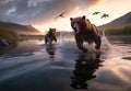Grizzly bears hunt fish in early morning motion in morning with birds flying above, generative AI