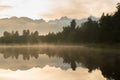 Early morning Lake Matheson with cloudy sky with mount cook with reflection Royalty Free Stock Photo