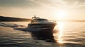 In the early morning light, a luxurious motor boat sets sail on the tranquil sea