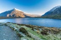 Early morning light and shadow over mountains and snow, lake in foreground. Carnedd Llewelyn. Landscape Royalty Free Stock Photo