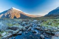 Early morning light and shadow over mountains and snow. Stream  in foreground and mountain  Carnedd Llewelyn. Landscape Royalty Free Stock Photo