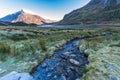 Early morning light and shadow over mountains and snow, stream and lake in foreground. Carnedd Llewelyn. Landscape Royalty Free Stock Photo