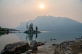 Early morning light showing tranquil scene of Island in Lake Minnewanka Royalty Free Stock Photo