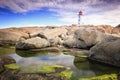 Morning at Lighthouse at Peggy`s Cove, Nova Scotia, Canada Royalty Free Stock Photo