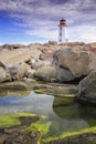 Morning at Lighthouse at Peggy`s Cove, Nova Scotia, Canada Royalty Free Stock Photo