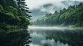 Misty Morning Lake: Japanese Inspired Atmospheric Woodland Imagery