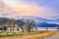 Early morning mist landscape along Kuma river, Kumamoto Royalty Free Stock Photo