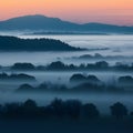 Early morning mist veils the landscape in mystical serenity