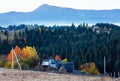 Early morning misty autumn Carpathian mountain village, Ukraine. Royalty Free Stock Photo