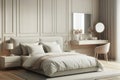 Early in morning in modern and white bedroom with furniture, cushions, blankets on bed. Royalty Free Stock Photo