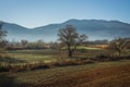 Early morning in the mountains, field and fog Royalty Free Stock Photo