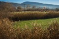 Early morning in the mountains, field and fog Royalty Free Stock Photo