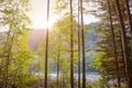 Early morning in the mountains - sunrise over the mountain by the river in the taiga Royalty Free Stock Photo