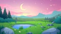 Early morning nature background with pond, grass, rocks, and conifers under pink sky with crescent, 2D layers for game