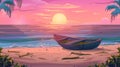 In the early morning ocean landscape, the pink sky with melting sun shines above the sea water, and the old wooden boat