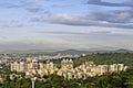 Early morning panorama image of fast developing city with many tall buildngs and nice blue sky background Royalty Free Stock Photo