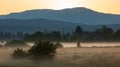 Early morning scenery in field andmountains. Sun casting beautiful rays of light through the mist and trees Royalty Free Stock Photo