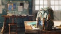 Vintage Worn Backpack on Wooden Desk School Setting old bag blue table brown green books study retro Royalty Free Stock Photo