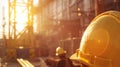 The early morning sun casts a golden glow over hard hats on a construction site, heralding a new day of progress and labor in the