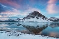 Early morning sunrise at the Bow lake and Crowfoot mountain. Bow Lake is a small lake in western Alberta, Canada. Banff Royalty Free Stock Photo