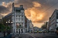 Early morning, sunrise, on busy OConnell Bridge with Luas and bus, Dublin, Ireland Royalty Free Stock Photo