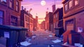 Early morning sunrise at an empty back alley and city street. Old buildings, trash bins, boxes, pink sky with moon in a Royalty Free Stock Photo