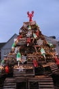 Early morning sunrise with lobster trap Christmas tree on display, Fox`s Restaurant, York Beach, Maine, 2018