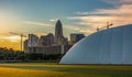 Early morning sunrise over charlotte north carolina and new carolina panthers training facility dome