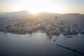 Early morning sunrise over city on Aegean coast. Royalty Free Stock Photo
