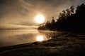 Early Morning Sunrise Sunset Misty Clouds Mountains Lake Trees Wood Forest Beach Sun Reflection Royalty Free Stock Photo