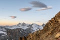 Early morning sunrise view of the Monte Rosa Mountain group and Strahlhorn mountain in the Swiss alps. Royalty Free Stock Photo