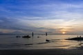 Early morning sunset with Vew of volcano Agung mountains of Bali and sea and beach, Bali, Indonesia. Azure beach, rocky Royalty Free Stock Photo