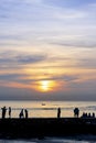 Early morning sunset with Vew of volcano Agung mountains of Bali and sea and beach, Bali, Indonesia. Azure beach, rocky Royalty Free Stock Photo