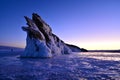 Early Morning Twilight Over Dragon Tail Rock on Frozen Lake Baikal Royalty Free Stock Photo