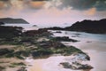 Early morning view over the beach at Polzeath Vintage Retro Filter. Royalty Free Stock Photo