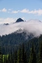 Early morning view of the Tatoosh Mountain Range with craggy peaks and mist rising from below