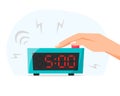 Early morning and waking up early concept. Turn off ringing alarm clock, pressing button on electronic clock. Flat style