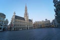 Early morning wide angle shot on Unesco heritage Grand Place with Town Hall, King's House or Breadhouse Royalty Free Stock Photo