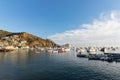 Early morning wide view of seascape in Avalon Harbor, looking toward the Casino Royalty Free Stock Photo