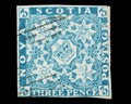 An 1853 3 pence blue postage stamp from Nova Scotia, Canada