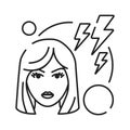 Early pregnancy symptoms depression and nervous black line icon. Emotional condition. Angry and irritation. Pregnant blond woman