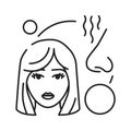 Early pregnancy symptoms increased sense of smell black line icon. Pregnant blond woman concept. Motherhood and healthcare. Sign