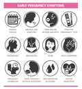 Early pregnancy symptoms. Vector illustration, flat icons. Template for use in medical agitation.