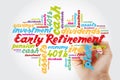 Early Retirement word cloud collage with great terms such as investments, budget, finance business concept background with marker