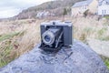 Early 1940Ã¢â¬â¢s Folding Film Camera with bellows and lens extended to front of camera Royalty Free Stock Photo