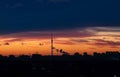 Early saturated colorful dawn over the Ostankino television tower, Moscow. Royalty Free Stock Photo